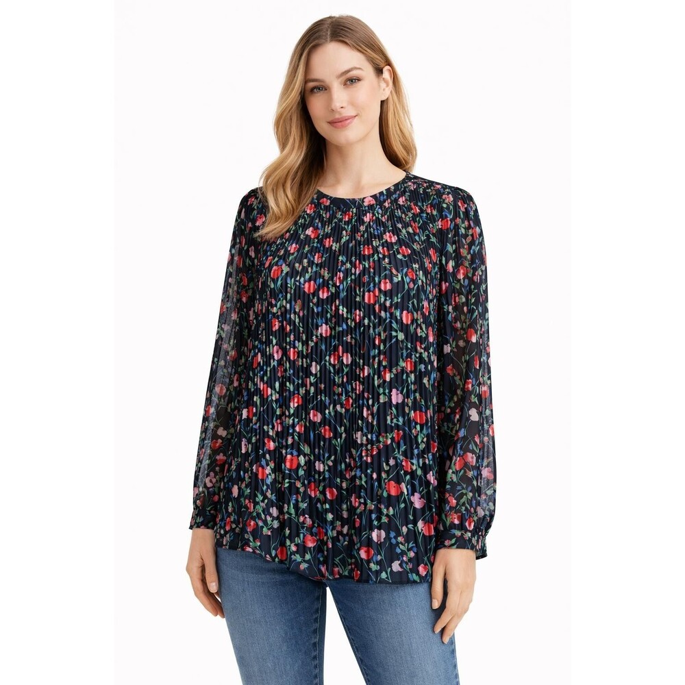 Zara Womens XL Blouse Floral Long Sleeve Pleated Sheer Boho Top Spring